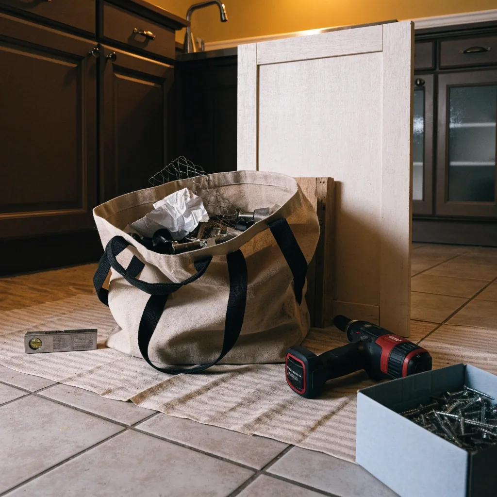 A handyman's tote and cordless drill beside a removed cabinet door on a kitchen floor