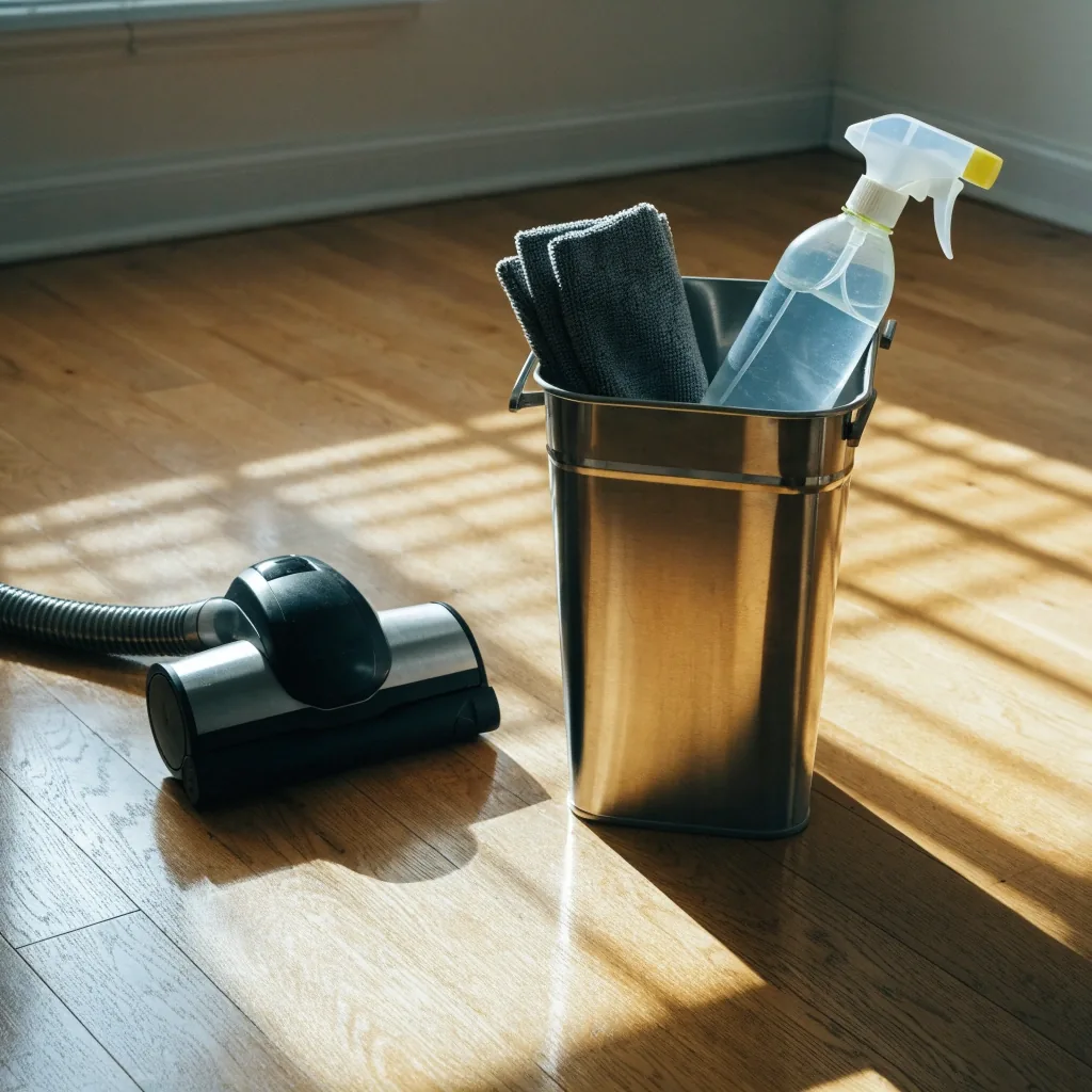 A vacuum head on hardwood planks beside a cleaning bucket and folded cloths