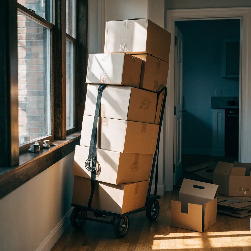 A hand truck loaded with boxes in an apartment hallway beside open flat-pack cartons
