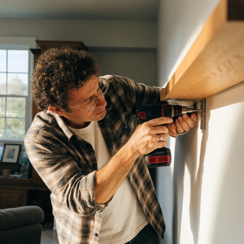 A spirit level on a painted window sill with wall anchors and a drill below
