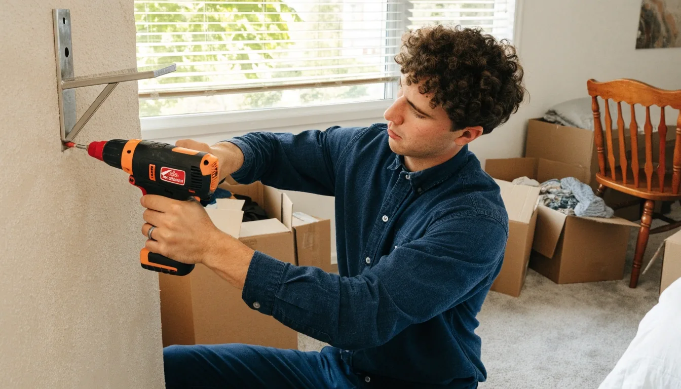 A Tasker's hands rolling up a canvas tool roll on a workbench, hand tools seated in the pockets