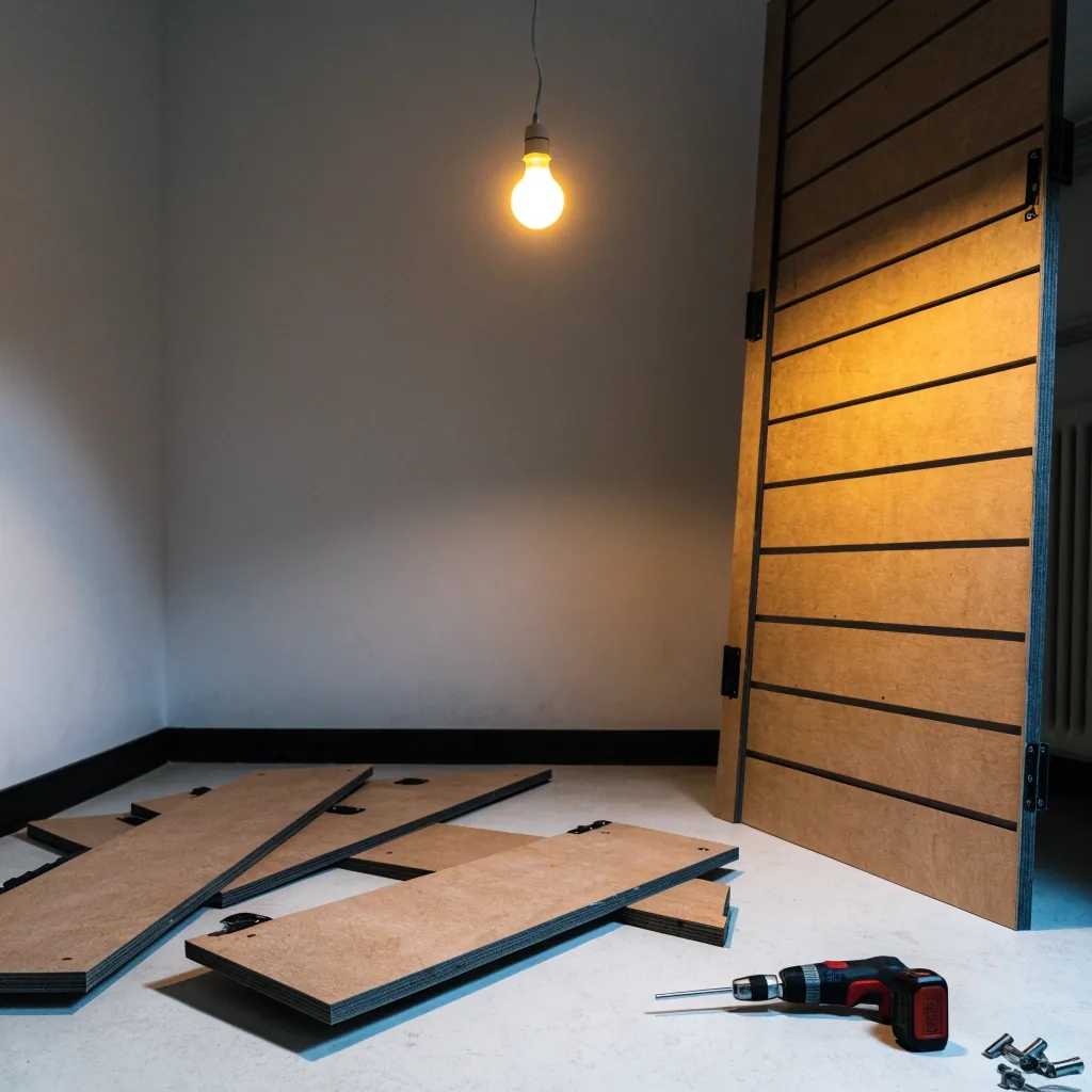 Flat-pack wardrobe panels spread on a bedroom floor with a screwdriver and fittings