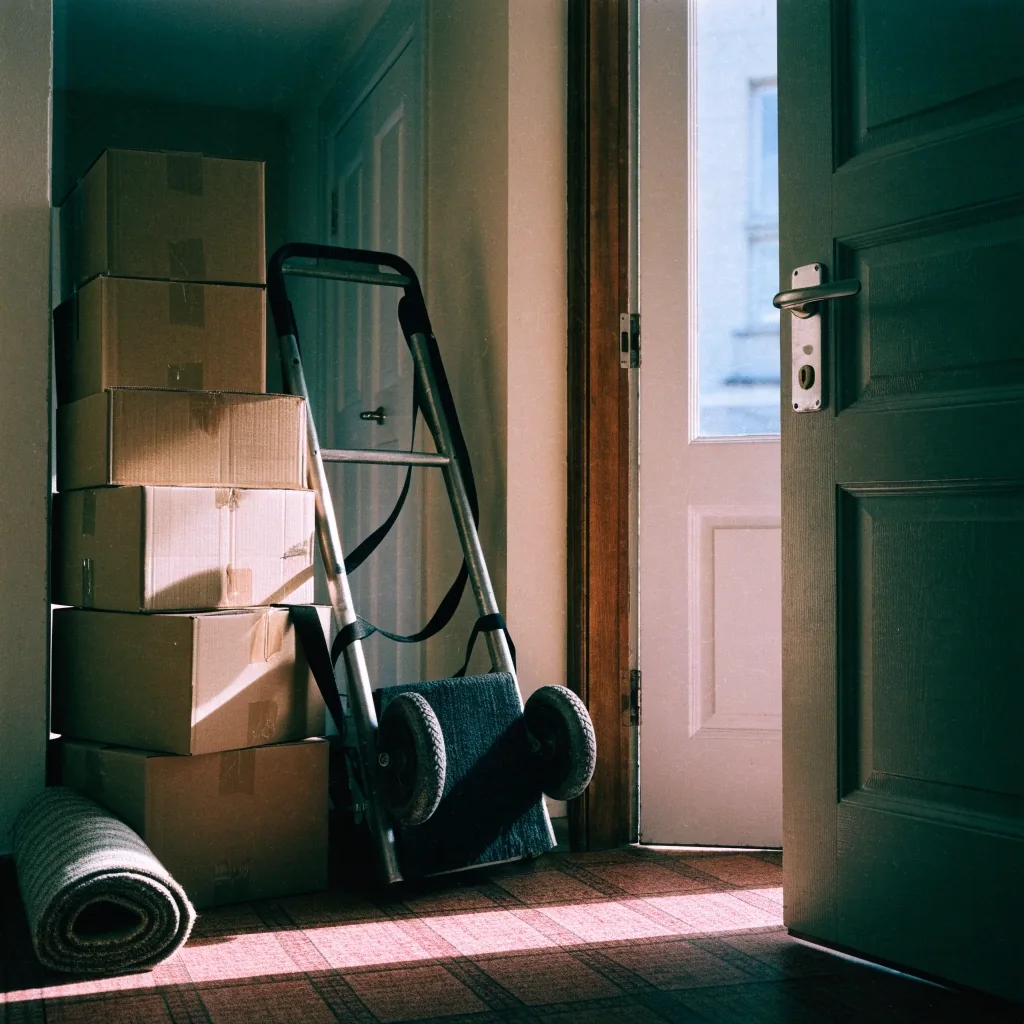 A moving dolly and straps beside stacked boxes in an apartment hallway