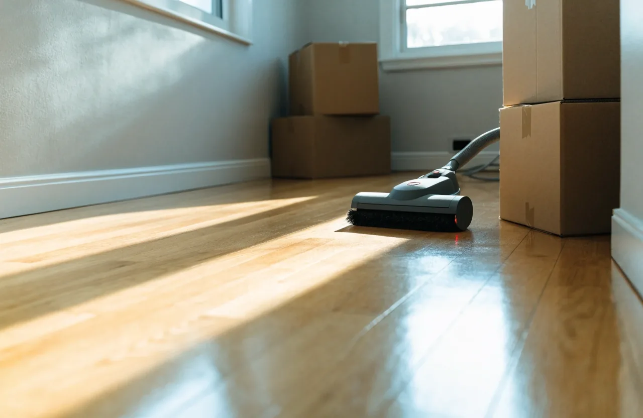 A vacuum head on hardwood floor beside moving boxes in an empty apartment