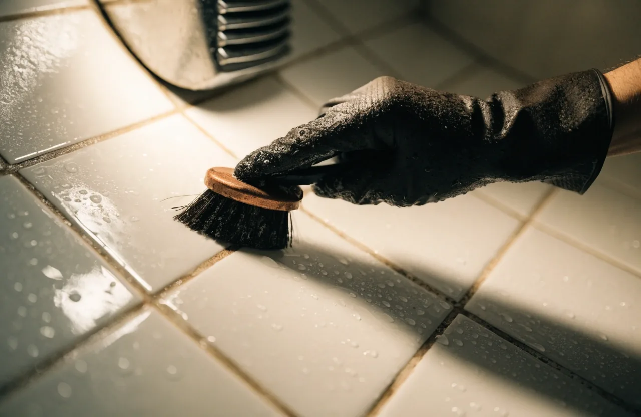 A stiff brush cleaning tile grout and a vent in a bathroom