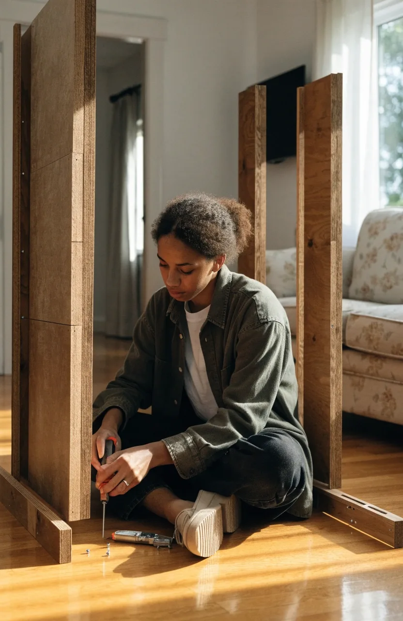 A flat-pack wardrobe half assembled on a living room floor with tools laid out