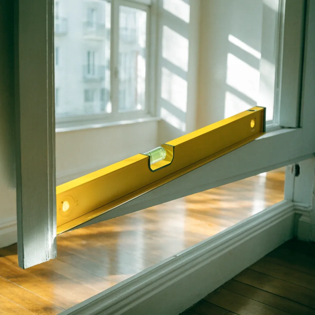 A spirit level resting across a freshly painted door frame in morning light