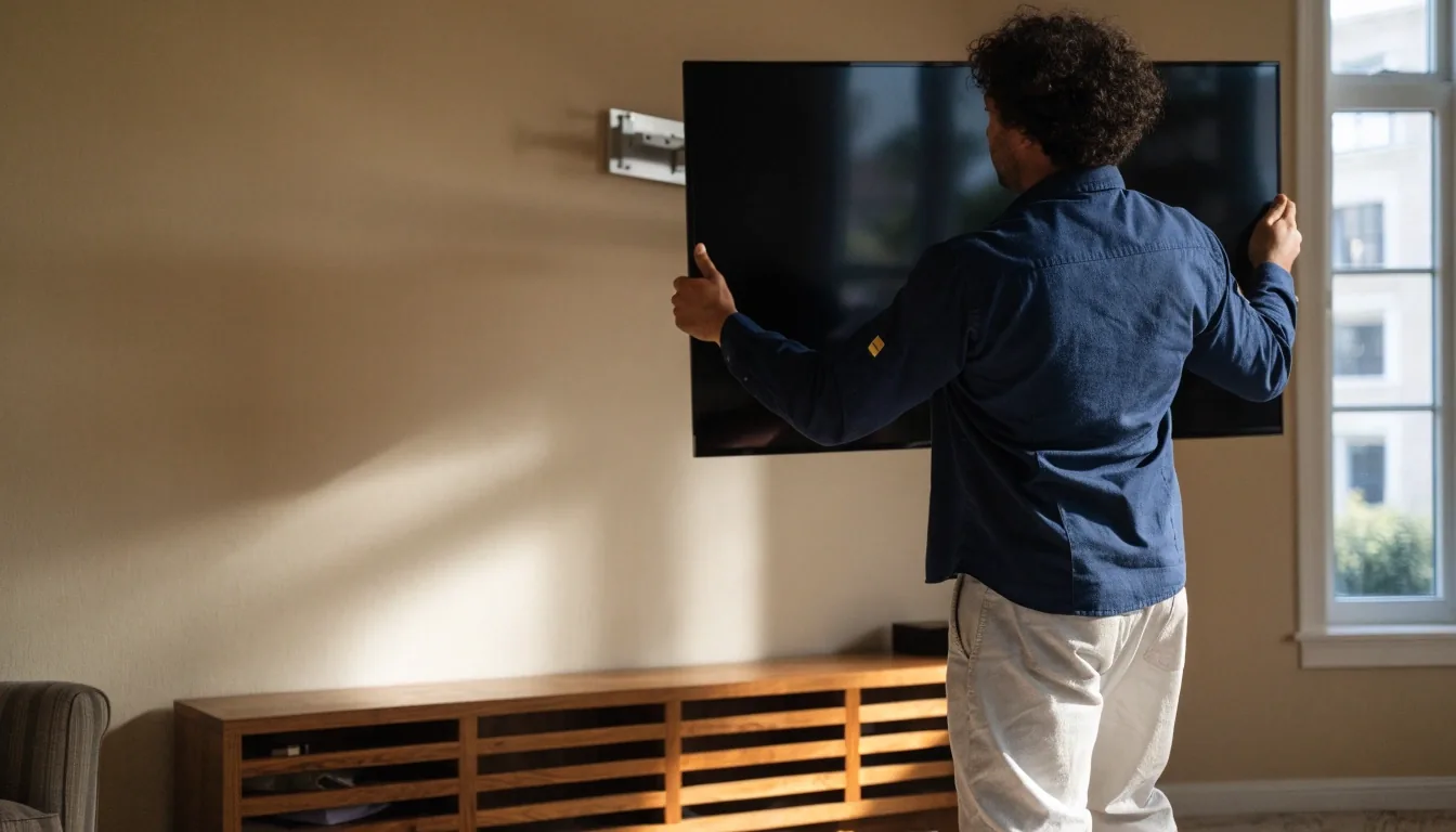 A Tasker holding a large flat-screen TV against a living-room wall while lining it up with a mounting bracket
