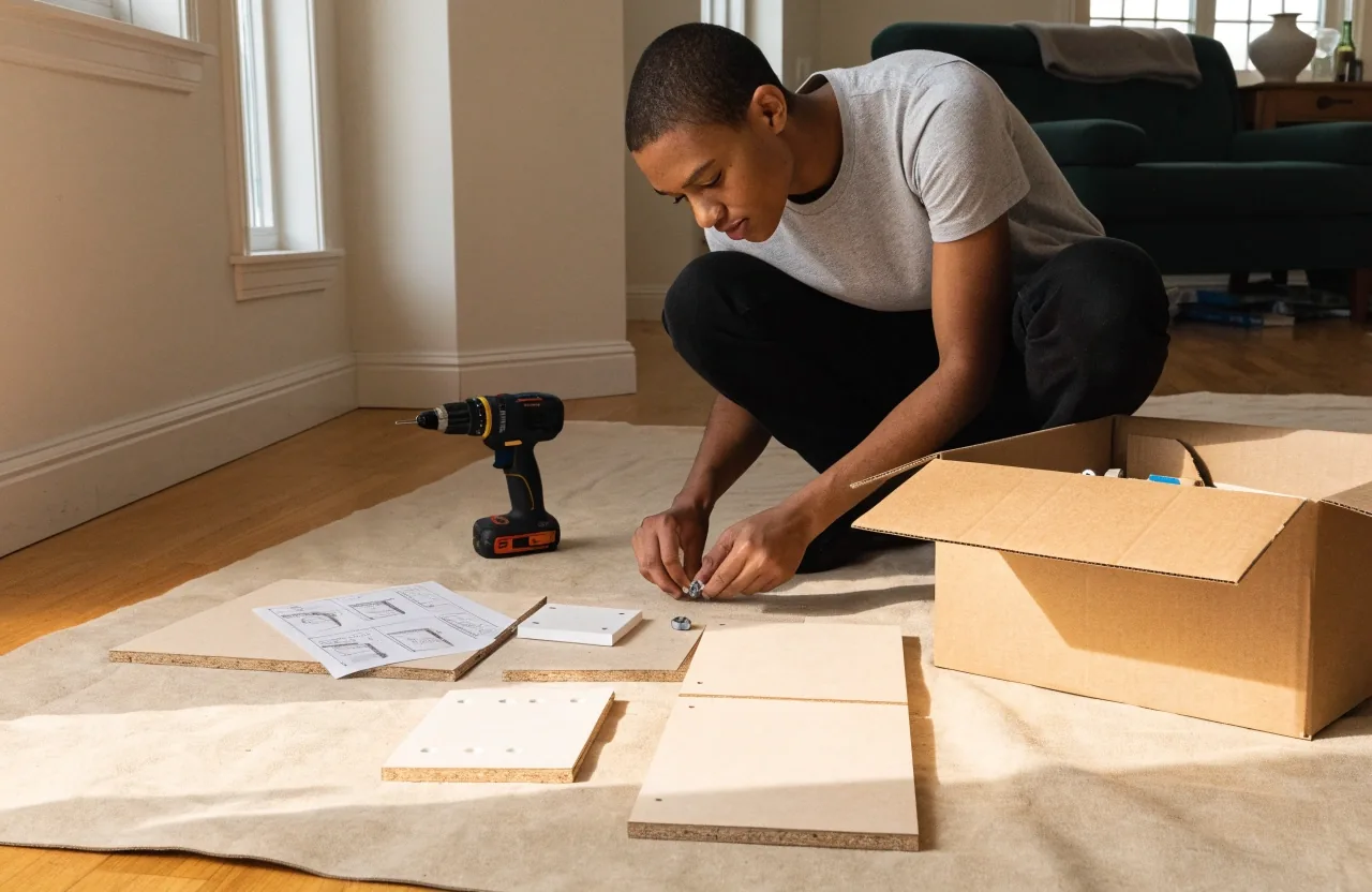 A Tasker laying out flat-pack wardrobe panels and hardware on a living-room floor before assembling them