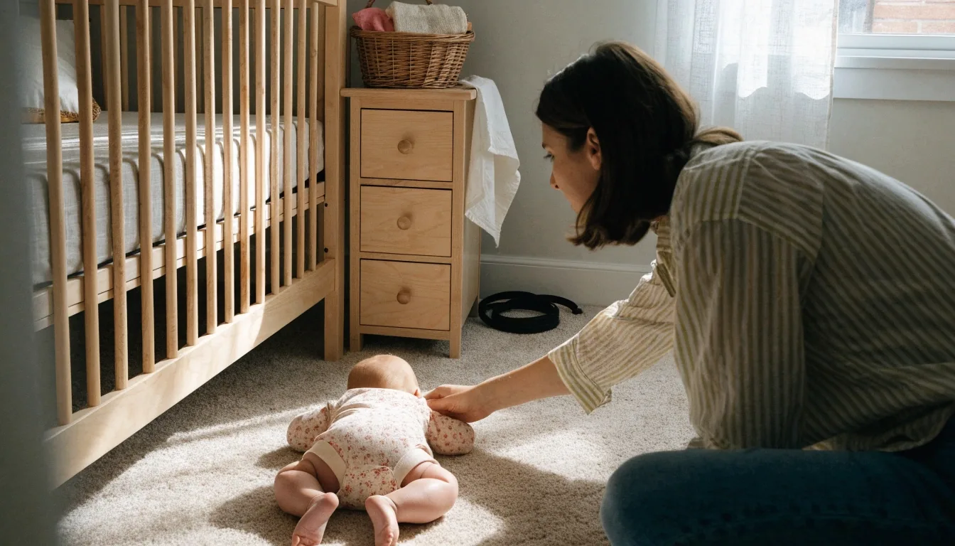 A parent guiding where a crib and dresser should sit in a nursery while an anti-tip strap rests on the floor