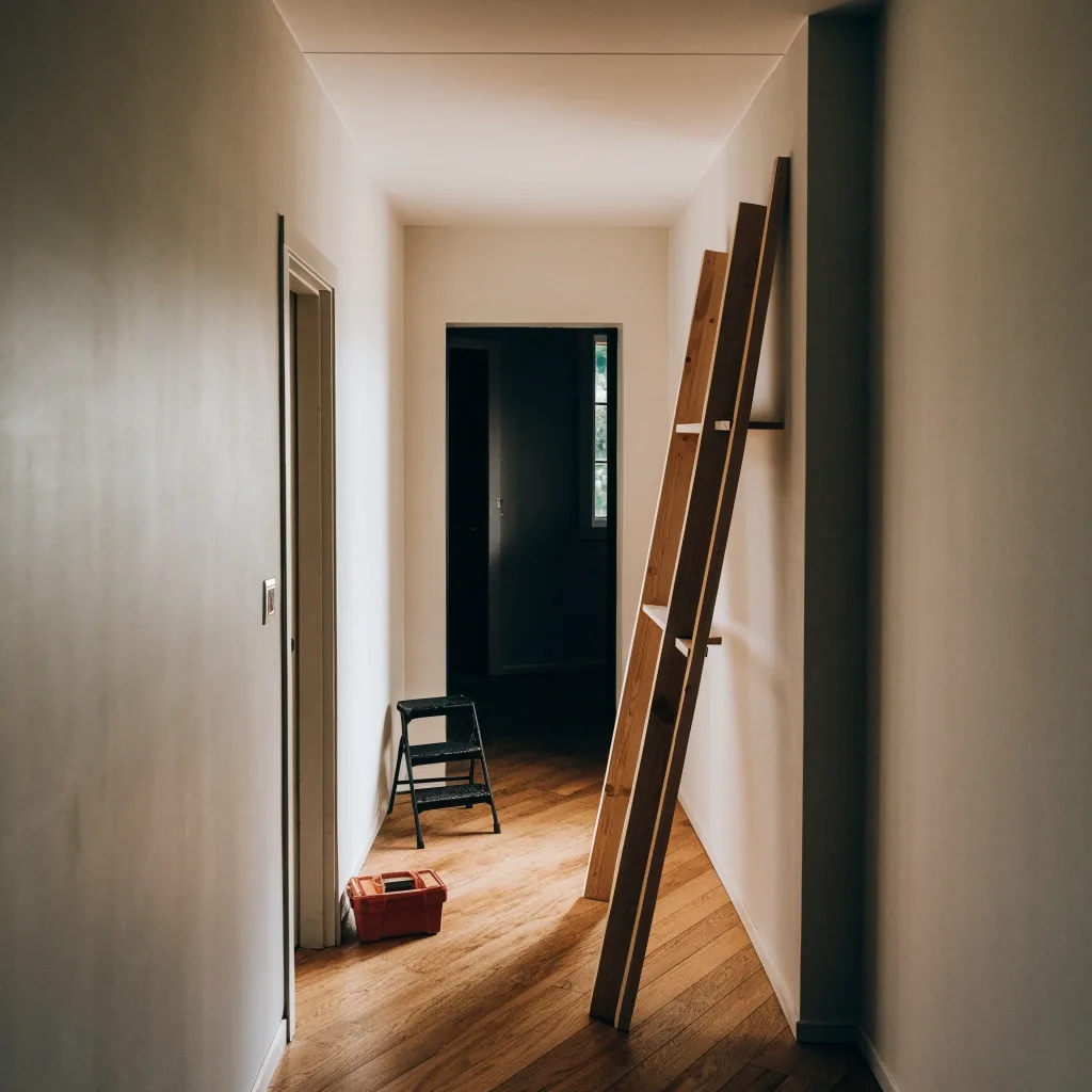 A customer opening a flat-pack box on a living-room floor beside a part-assembled shelving unit and a few tools