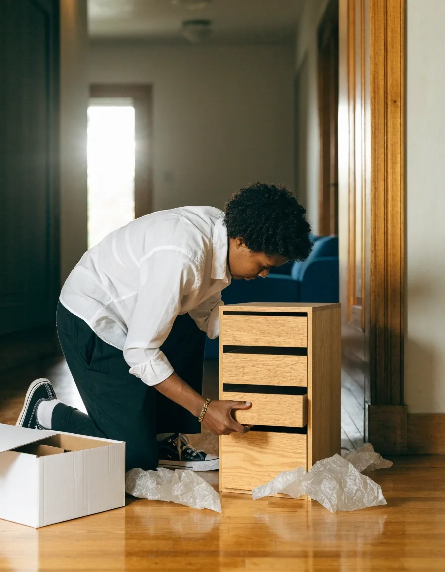 A Tasker kneeling in a hallway fitting a drawer into a slim light-oak console table with the packaging pushed aside