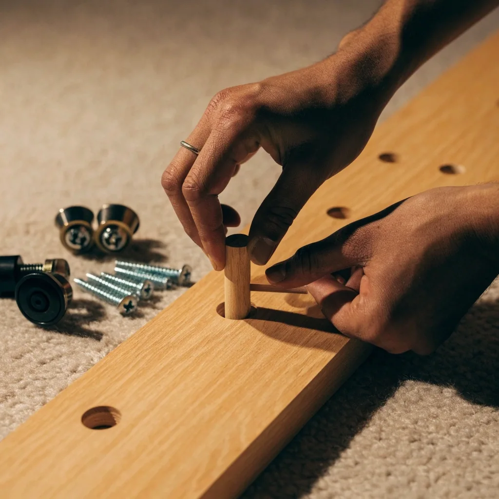 Hands fitting a wooden dowel and cam lock into a flat-pack wardrobe panel with hardware laid out beside it