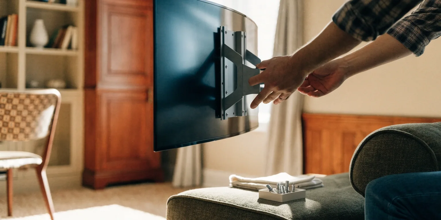 Two hands lowering a large curved television onto a wall bracket with anchor bolts and a cloth nearby