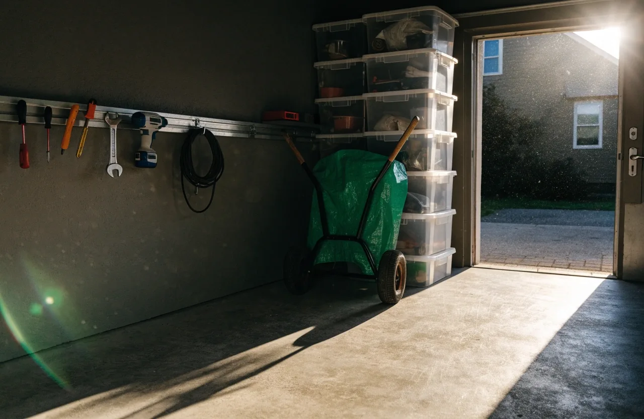 A garage being cleared with tools hung on a wall rail and a swept path across the concrete floor