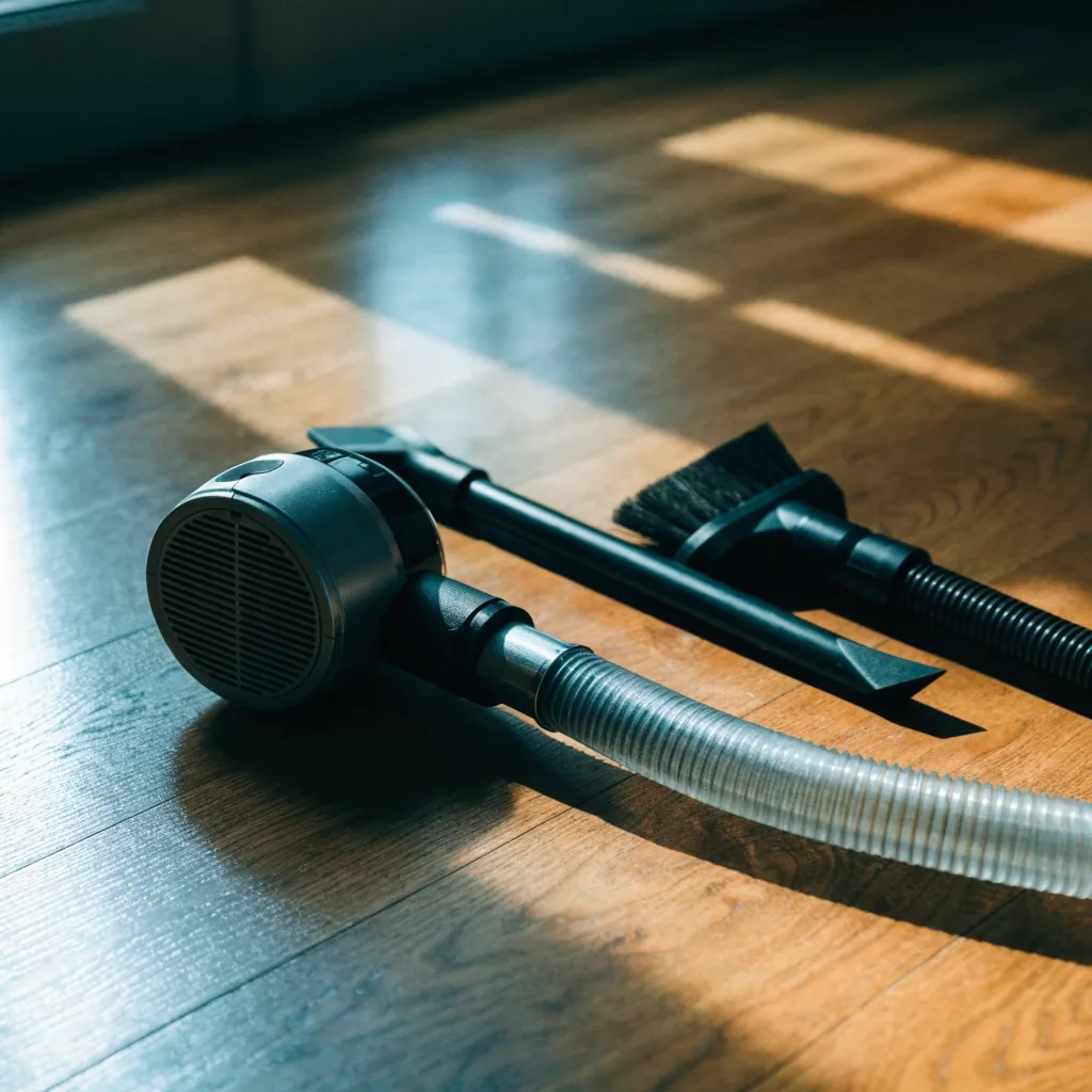 A canister vacuum with crevice and upholstery attachments laid out on hardwood flooring