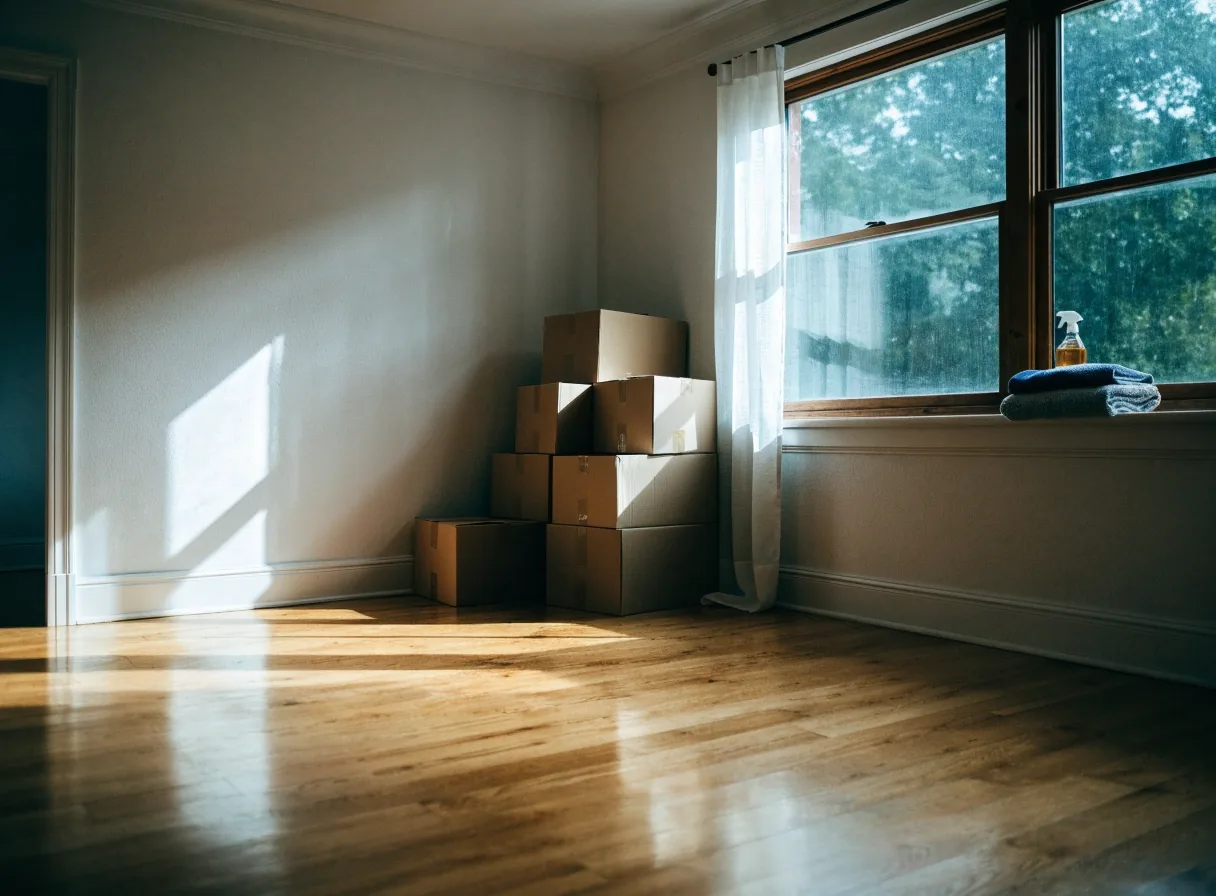 A sunlit empty bedroom with stacked moving boxes and cleaning supplies on the windowsill before move-in