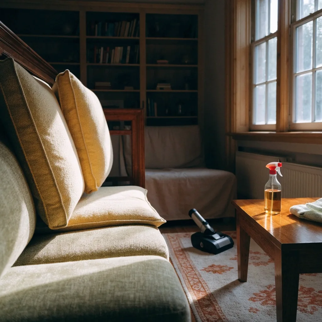A living room on a routine cleaning day with sofa cushions lifted and a vacuum head resting on the rug