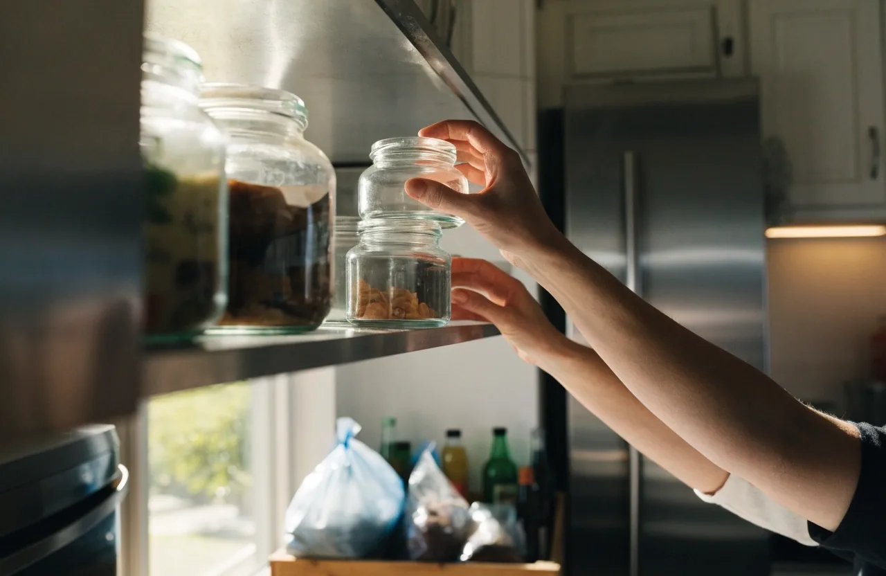 A kitchen pantry shelf being reorganized with jars of dry goods and a basket of duplicates set aside