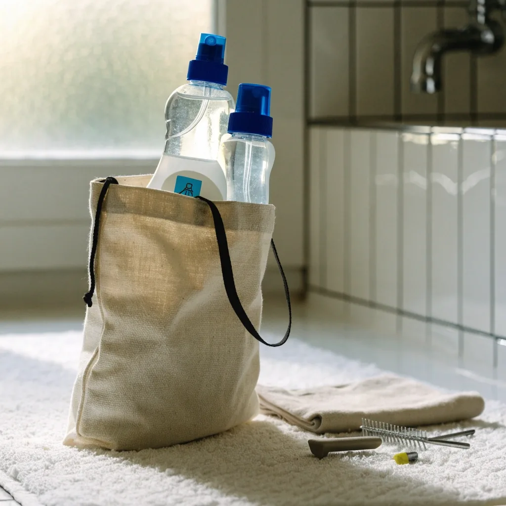 A cleaning caddy with spray bottles, folded cloths and gloves on a tiled bathroom floor