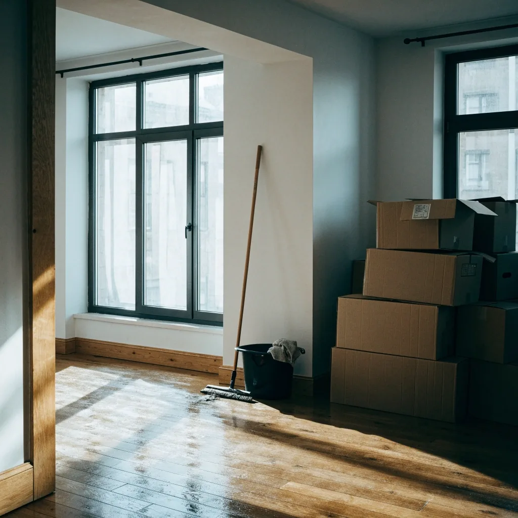 An empty apartment living room mid-clean with a mop, bucket and flattened moving boxes on the drying floor