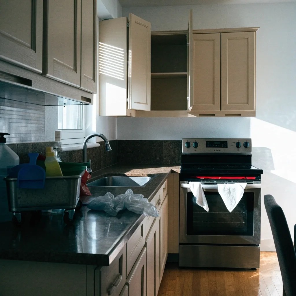 An emptied apartment kitchen with open cabinets and an oven door propped open during a move-out clean