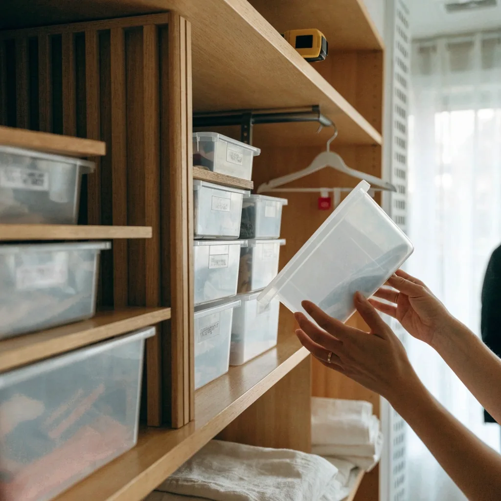An organizer's work tray with stacked clear storage bins, a tape measure and a small screwdriver