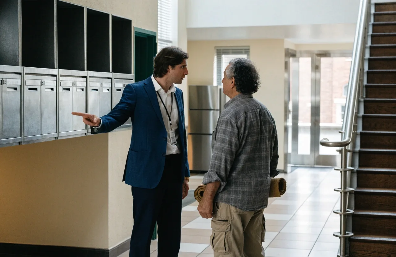 A property manager and a maintenance worker talking in an apartment building lobby