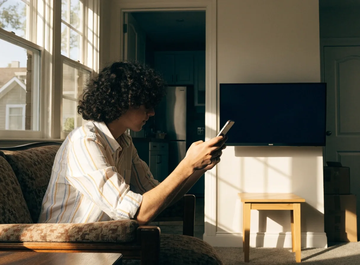 A customer at a kitchen table holding a phone, screen turned away, with a note and pen nearby