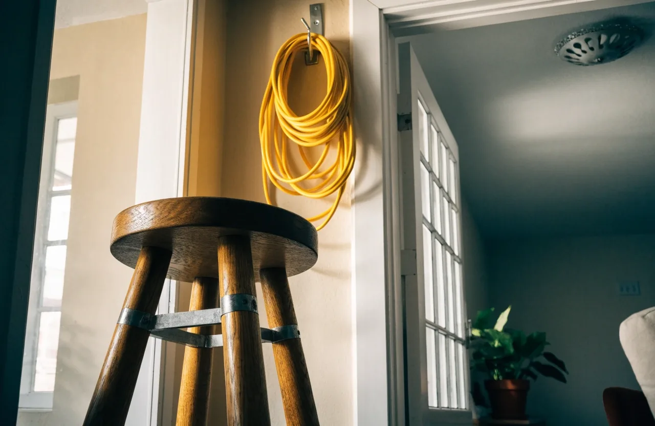 A workbench edge with a notebook, pencil and a face-down phone under one warm bulb