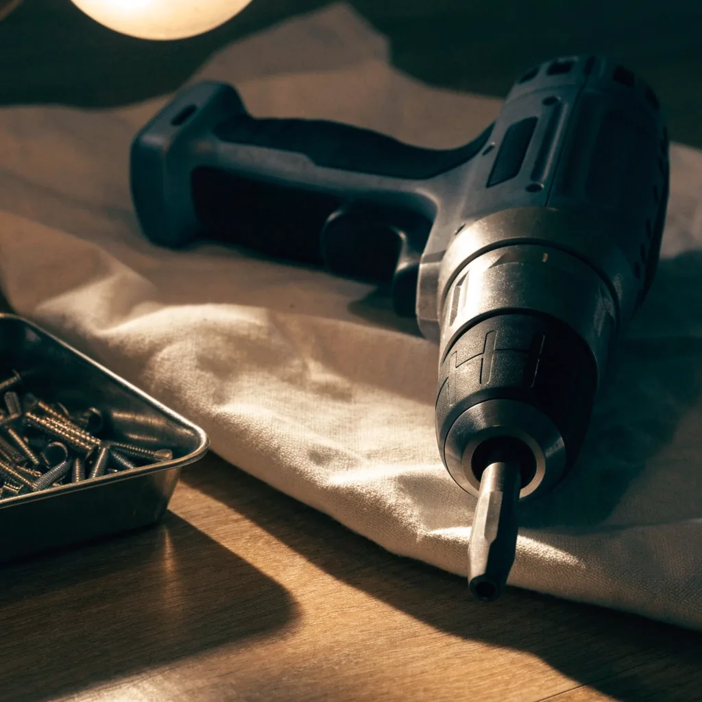 A cordless drill and a tray of wall anchors on a drop cloth