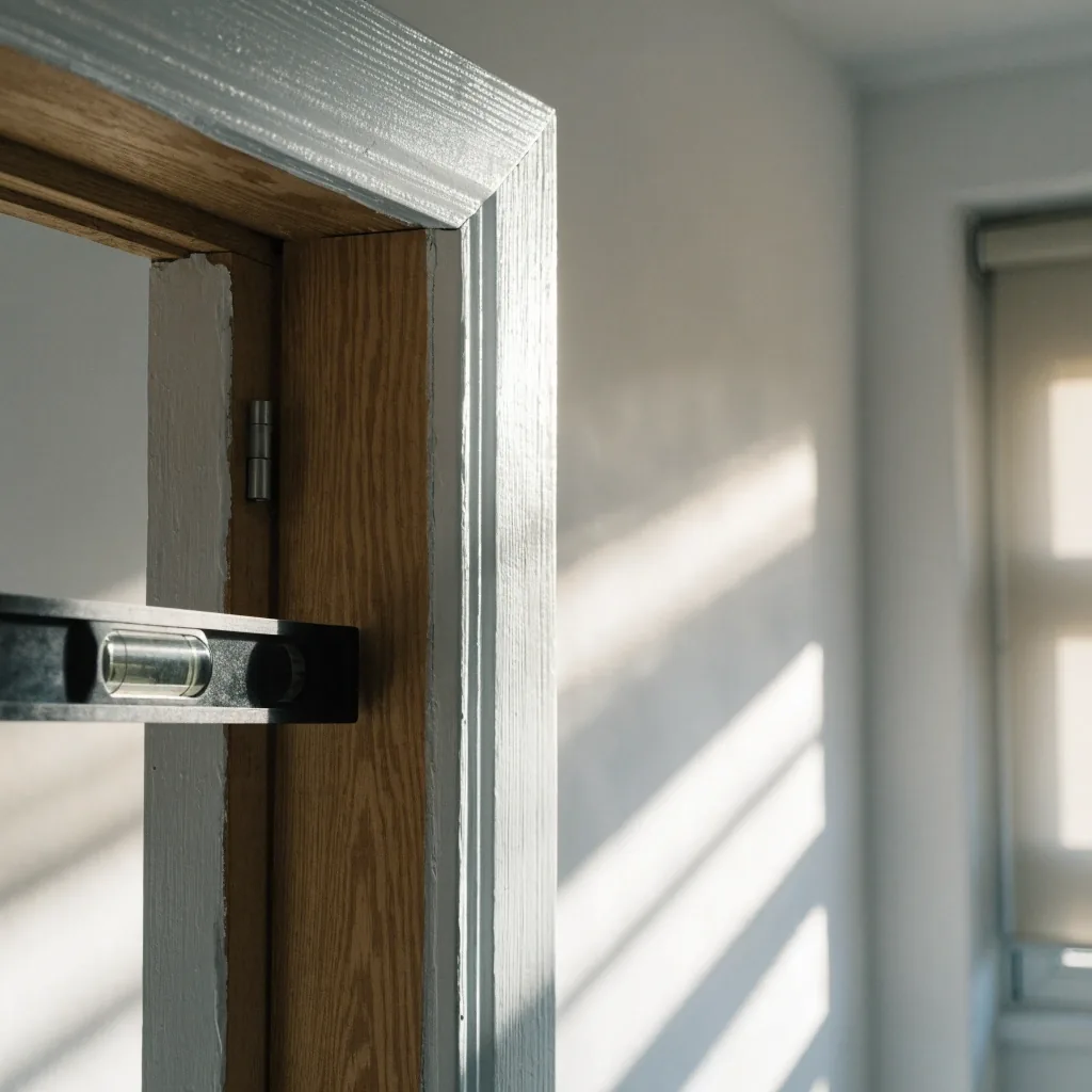 A spirit level resting on a freshly painted door frame in morning light