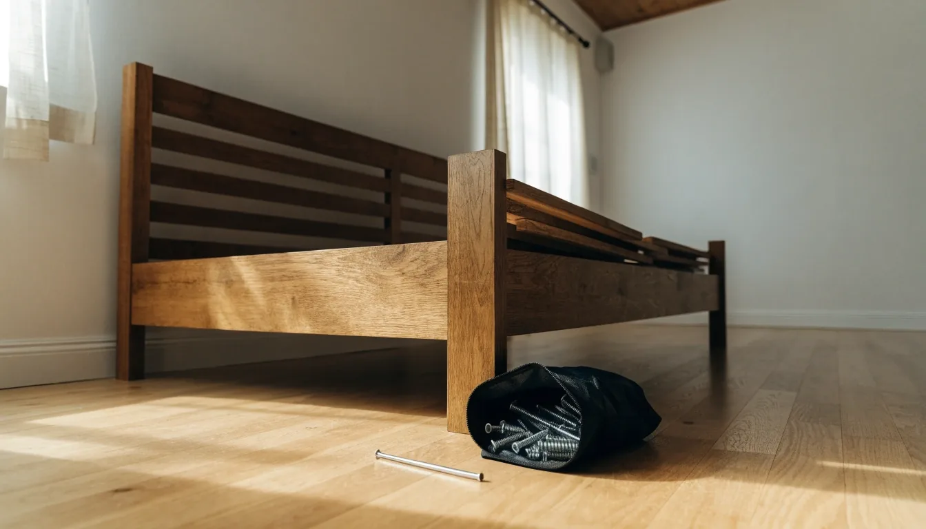A half-disassembled bed frame with a hardware bag and Allen key laid out on the floor