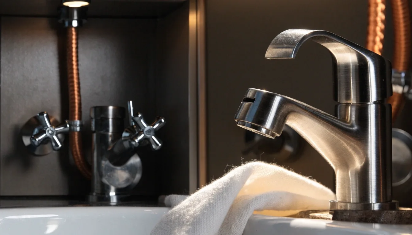 An open kitchen cabinet with a new faucet and basin wrench beside copper supply lines