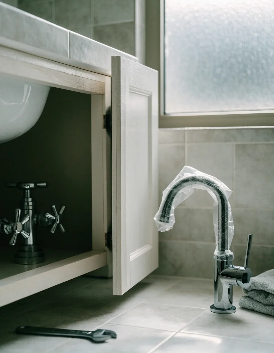 An open sink cabinet with shutoff valves, a boxed faucet, and a wrench on the floor