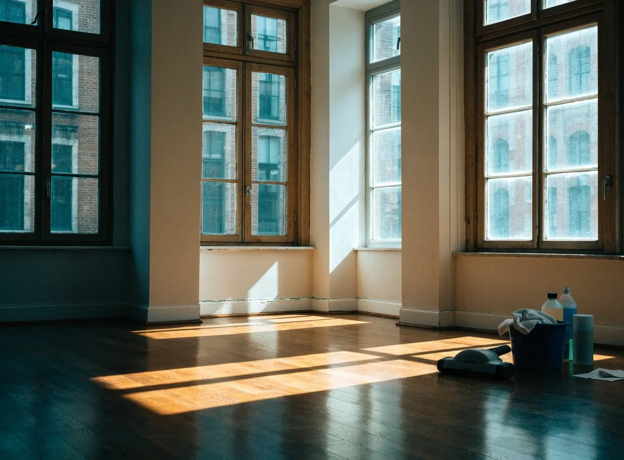 A vacuum head and cleaning supplies on a hardwood floor during an apartment clean