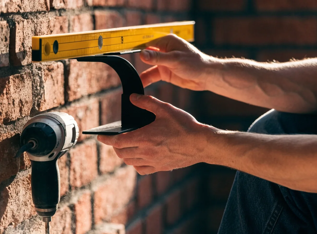 A spirit level and mounting bracket on a brick wall with a masonry drill bit nearby