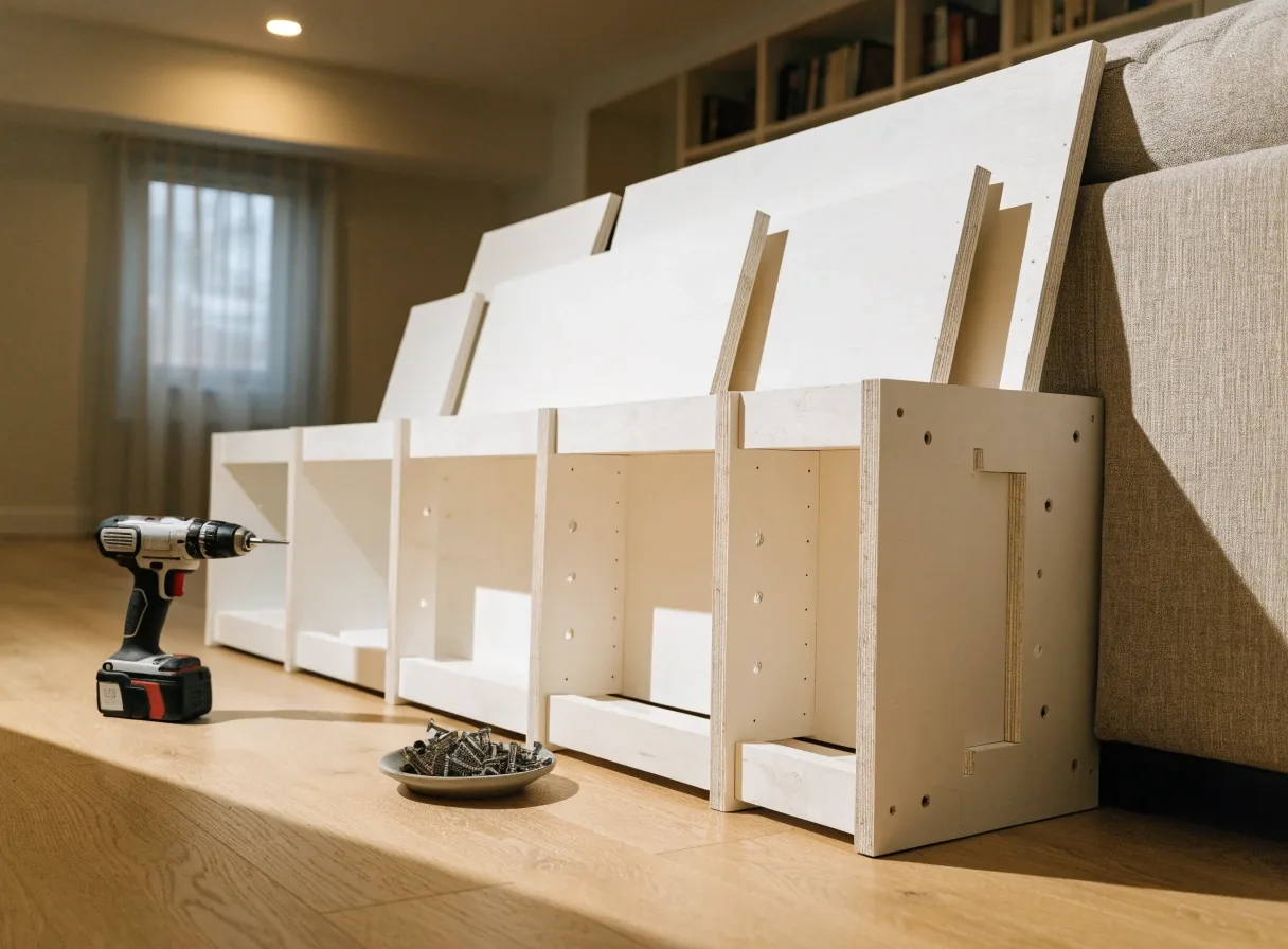 A partly assembled dresser on a floor with drawer fronts and a cordless drill beside it