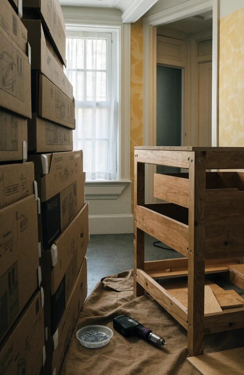 Flat-pack wardrobe panels laid out on a floor with a cordless drill and loose screws ready for a multi-room assembly job