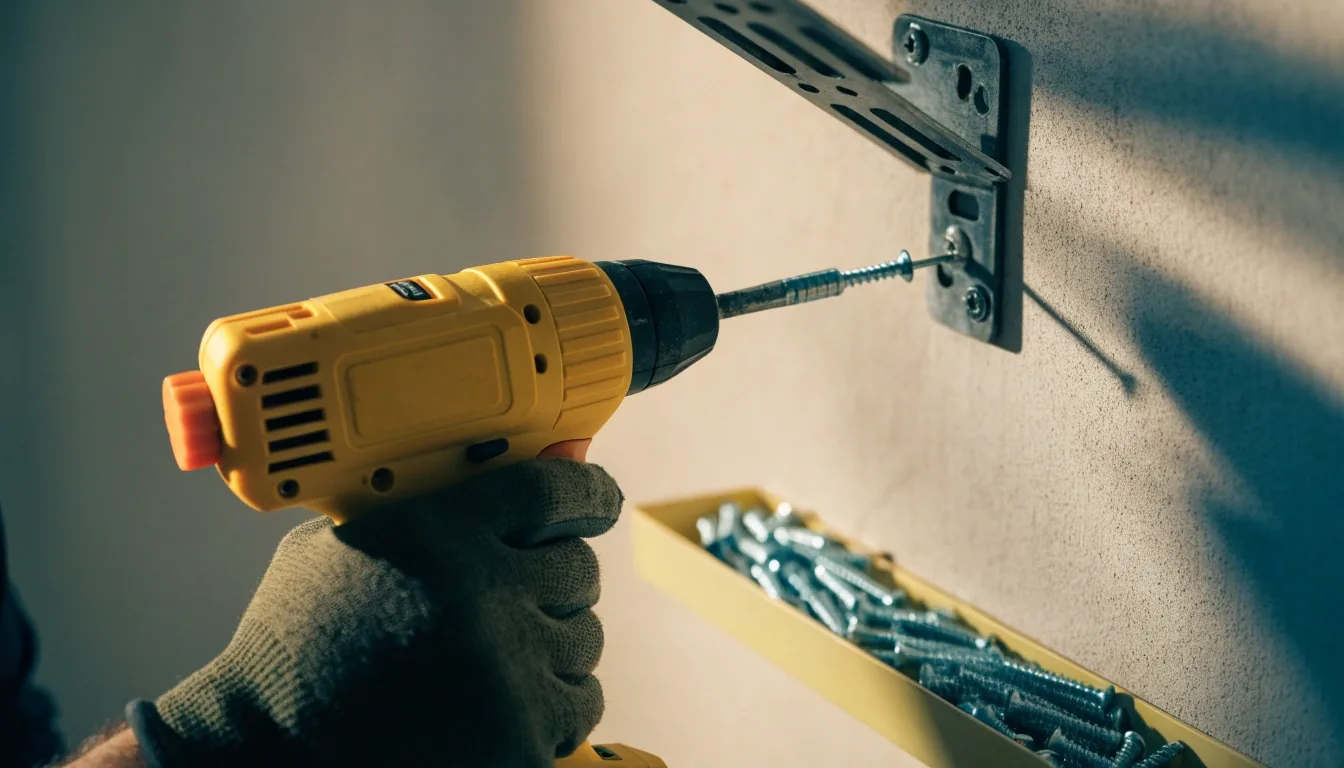A gloved hand driving screws into a wall-mounted bracket with a cordless drill