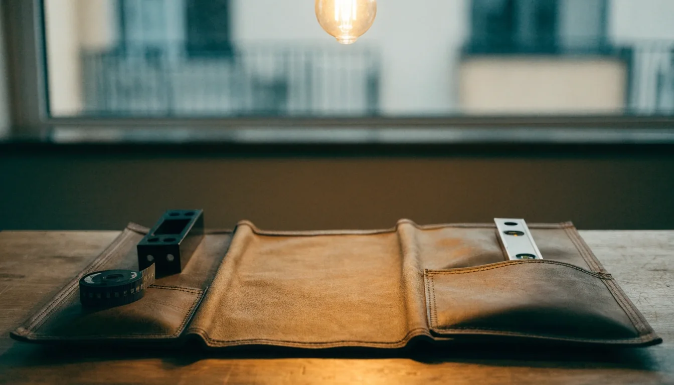 An unrolled canvas tool roll with a spirit level, tape measure and mounting bracket resting in its stitched pockets on a workbench