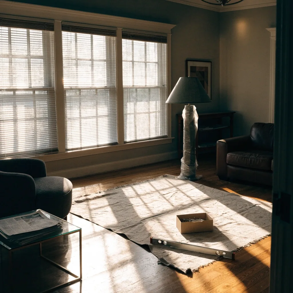 A living room cleared for work with a drop cloth, spirit level and box of screws on the floor